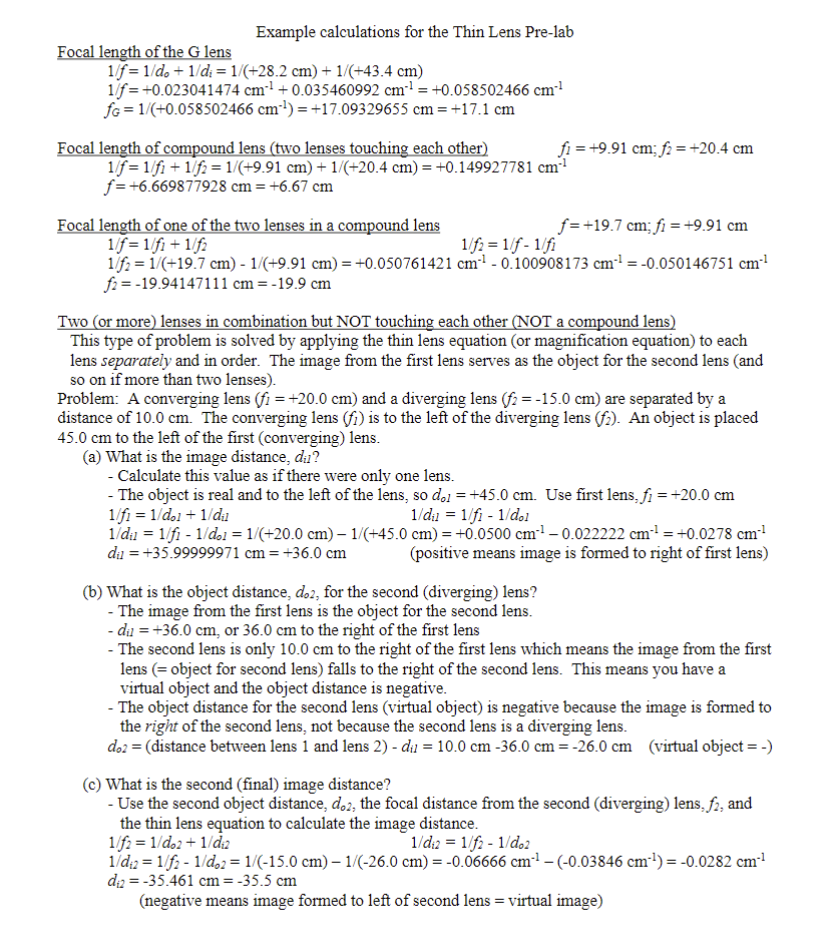 Solved Example calculations for the Thin Lens Pre-lab Focal | Chegg.com