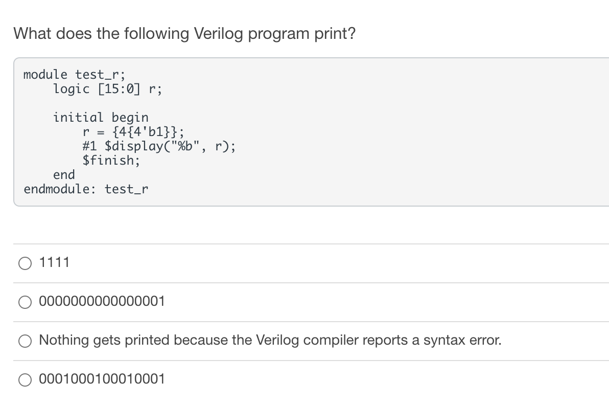 Solved What does the following Verilog program print? module | Chegg.com
