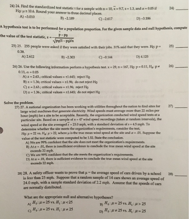 Solved 24) 24. Find the standardized test statistic t for a | Chegg.com