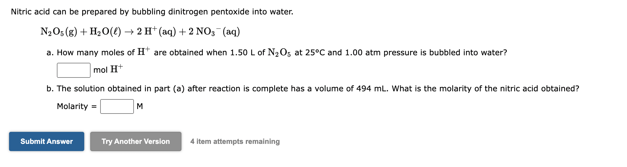 Solved Nitric acid can be prepared by bubbling dinitrogen | Chegg.com