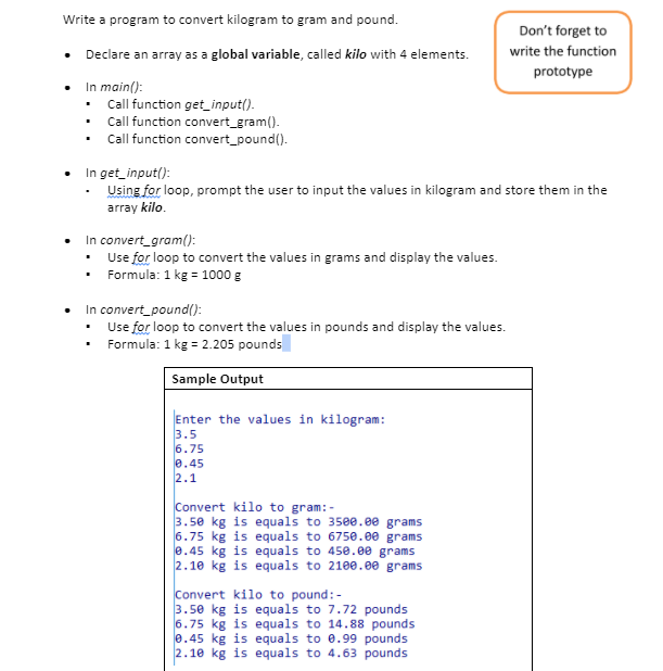 Solved Write a program to convert kilogram to gram and