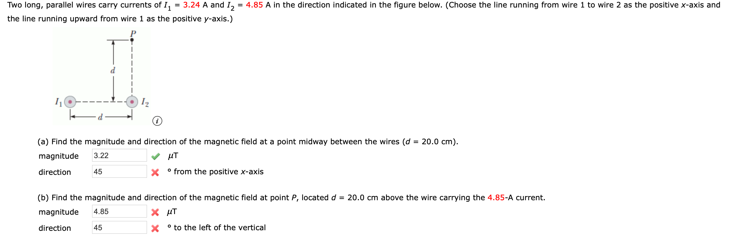 Solved Two Long, Parallel Wires Carry Currents Of I1 = 3.24 | Chegg.com