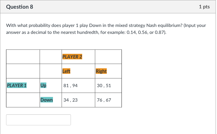 Solved With What Probability Does Player 1 Play Down In The | Chegg.com