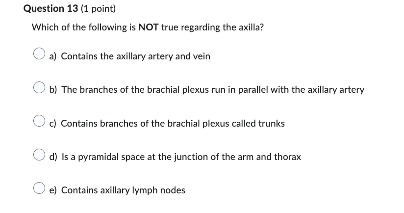 Which of the following is NOT true regarding the axilla?
a) Contains the axillary artery and vein
b) The branches of the brac