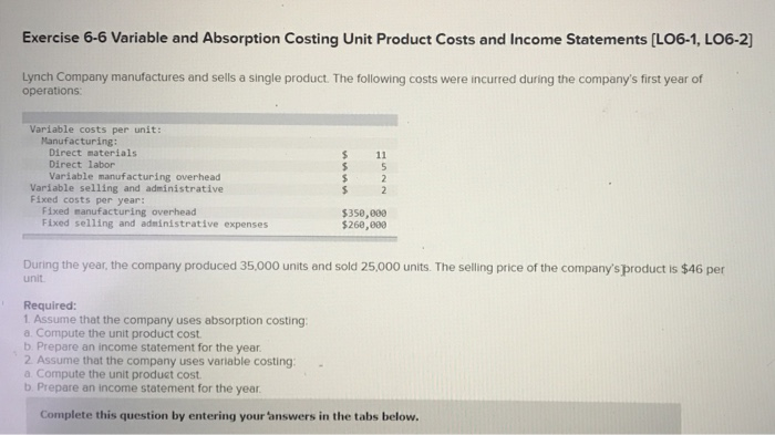 Solved Exercise 6-6 Variable and Absorption Costing Unit | Chegg.com