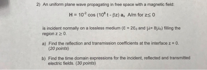 Solved 2) An uniform plane wave propagating in free space | Chegg.com