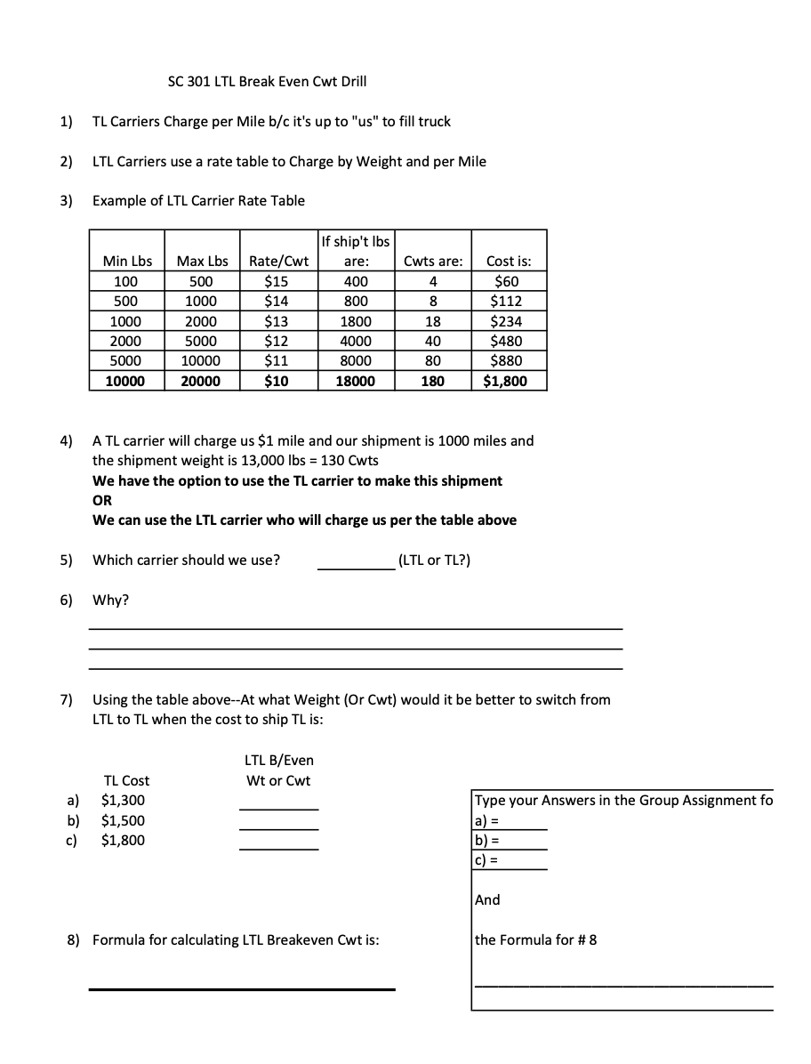 Solved SC 301 LTL Break Even Cwt Drill 1 TL Carriers Charge Chegg
