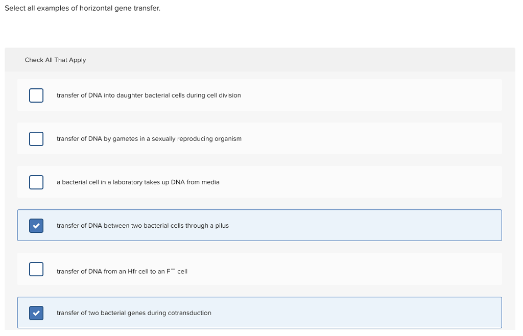 Solved Select all examples of horizontal gene transfer Check | Chegg.com
