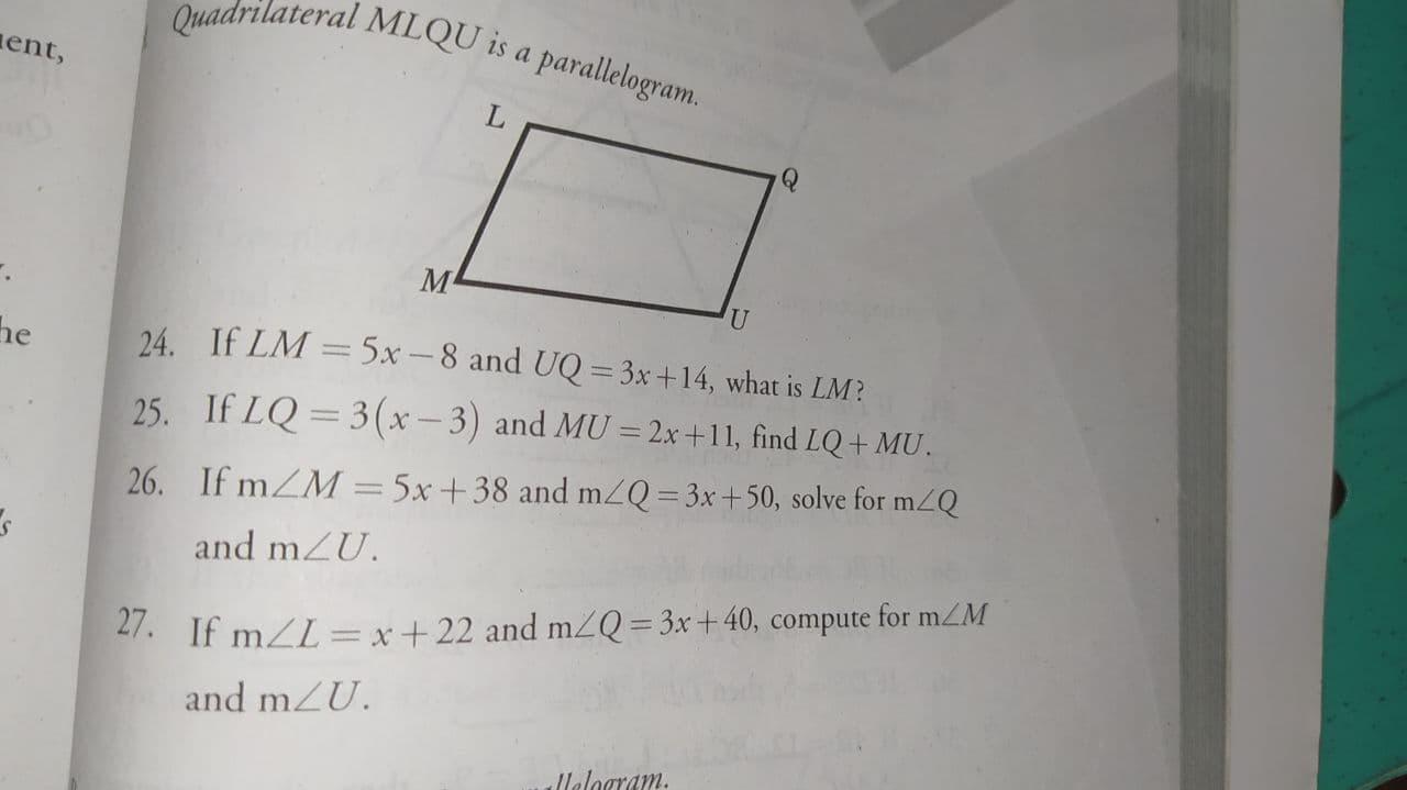 Solved Quadrilateral Mlqu Is A Parallelogram Nent L Q M Chegg Com