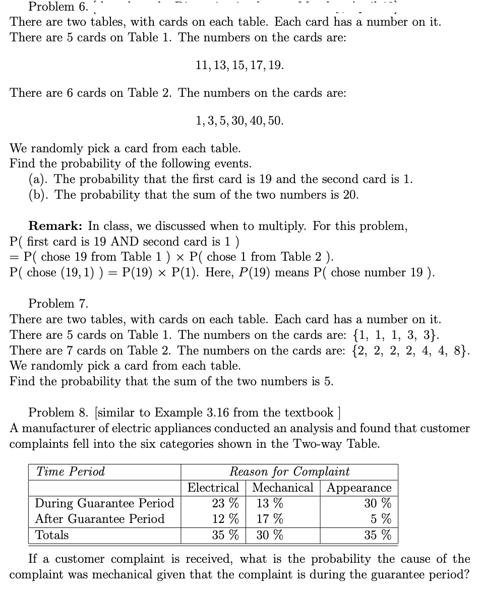 Solved Problem 6. There are two tables, with cards on each | Chegg.com