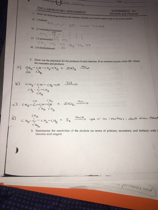 Solved EXPERIMENT 23 Alcohols and Phenols PR ELABORATORY