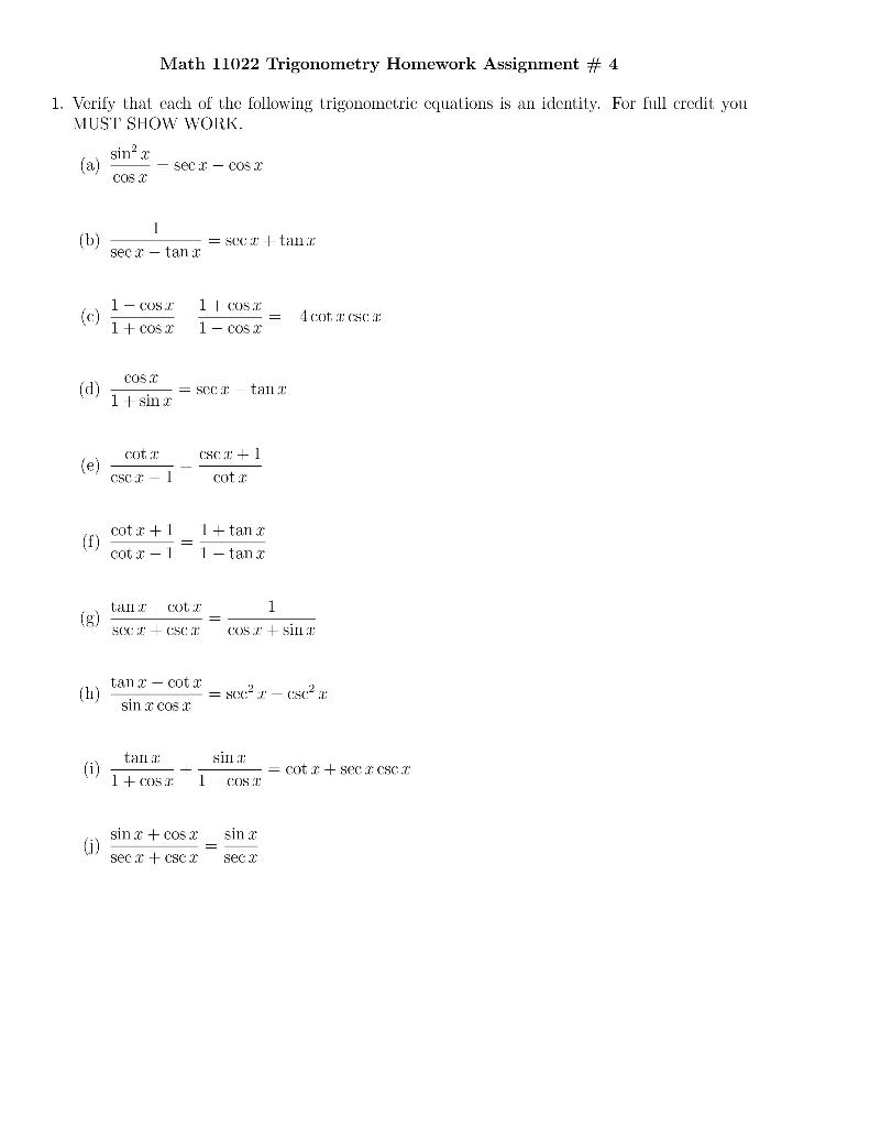 Solved Math 11022 Trigonometry Homework Assignment # 4 1. | Chegg.com
