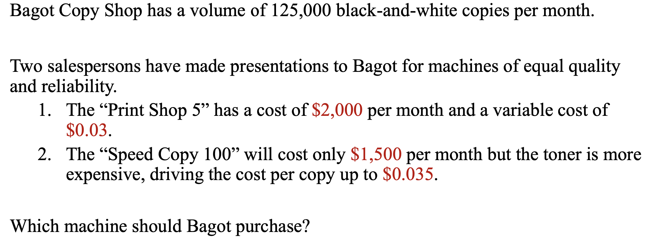 Solved Bagot Copy Shop has a volume of 125,000