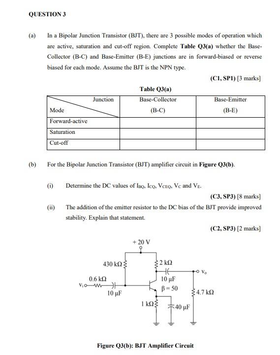 QUESTION 3
(a)
In a Bipolar Junction Transistor (BJT), there are 3 possible modes of operation which
are active, saturation a