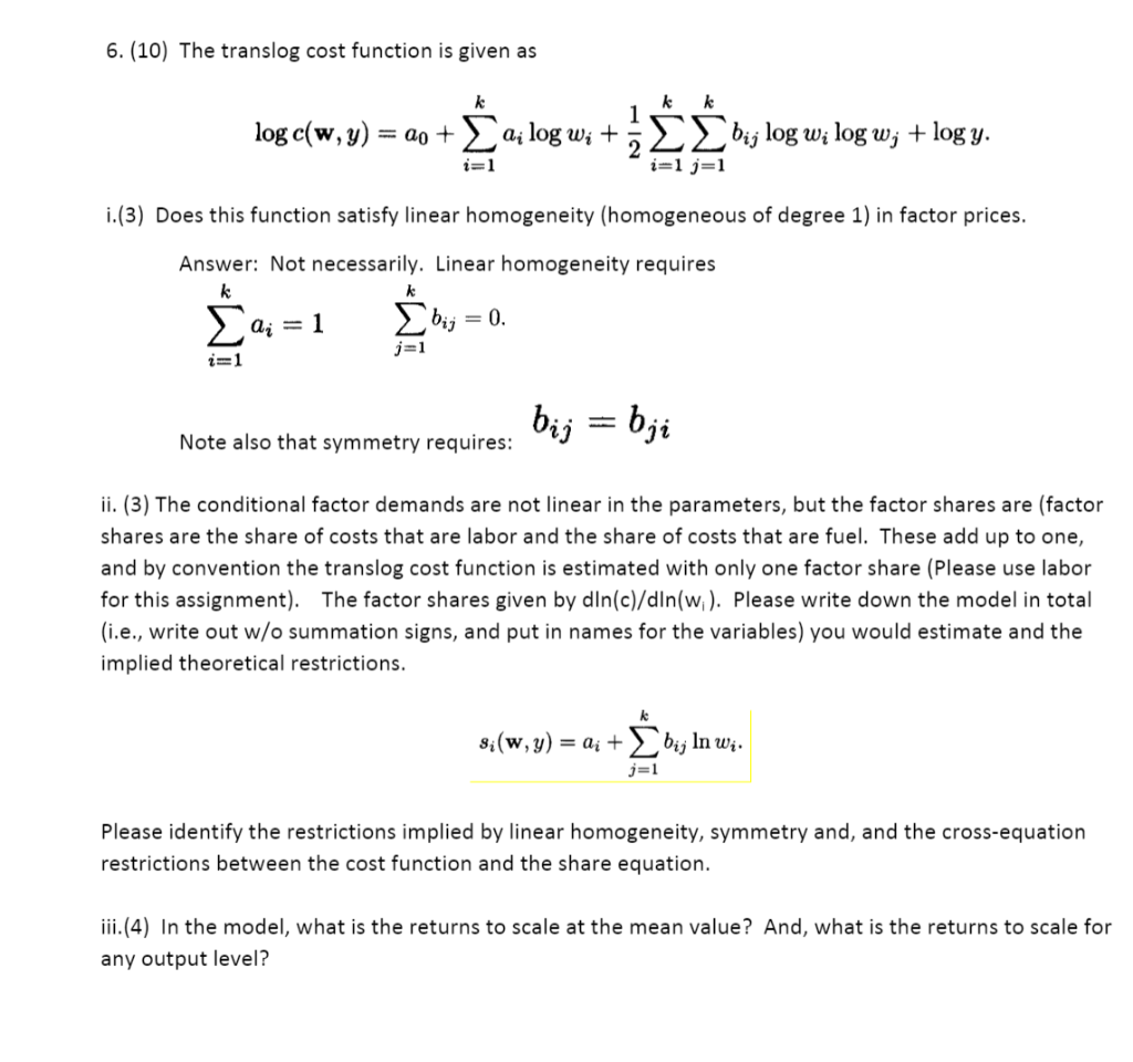 Solved 6 10 The Translog Cost Function Is Given As K L Chegg Com