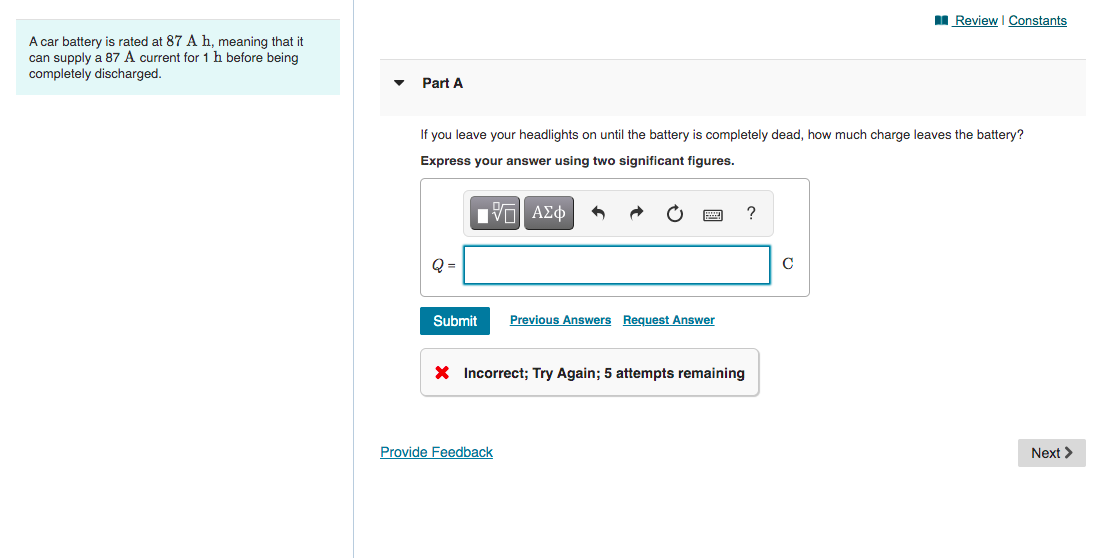 Solved Review Constants A car battery is rated at 87 A h, | Chegg.com