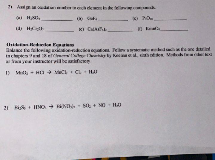 Solved 2) Assign an oxidation number to each element in the | Chegg.com