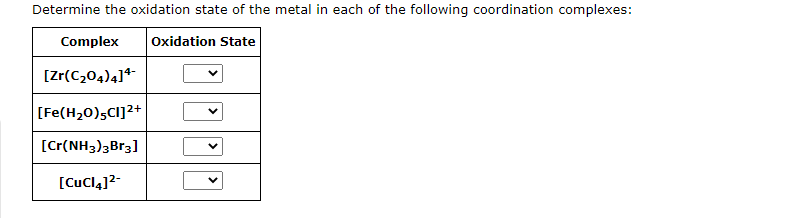 Solved Determine the oxidation state of the metal in each of | Chegg.com