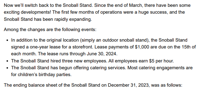Solved Now we'll switch back to the Snoball Stand. Since the | Chegg.com