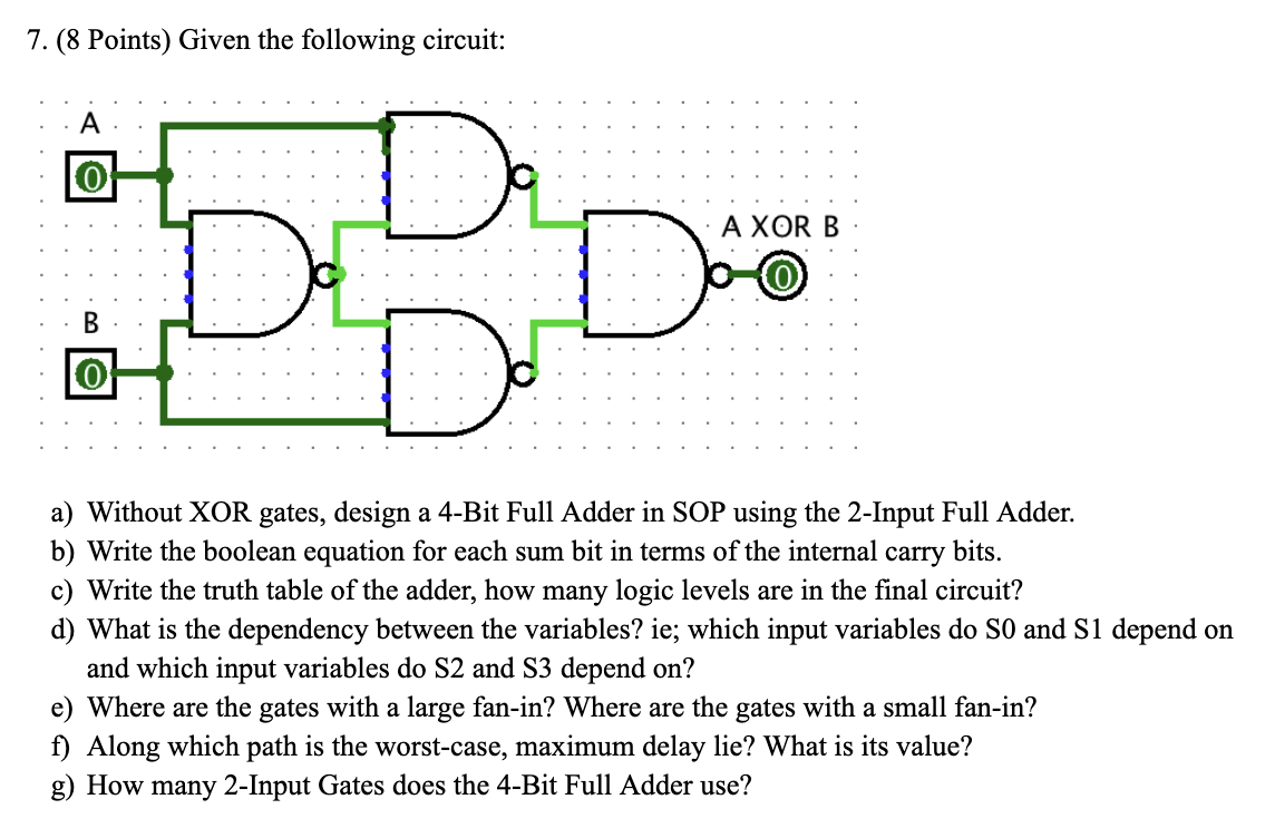 7. (8 Points) Given the following circuit:
a) Without XOR gates, design a 4-Bit Full Adder in SOP using the 2-Input Full Adde