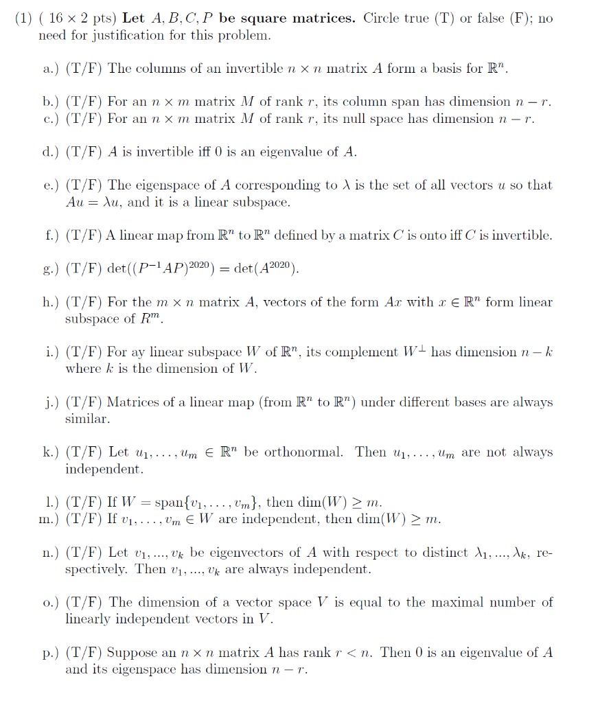 Solved 1 16 X 2 Pts Let A B C P Be Square Matrice Chegg Com