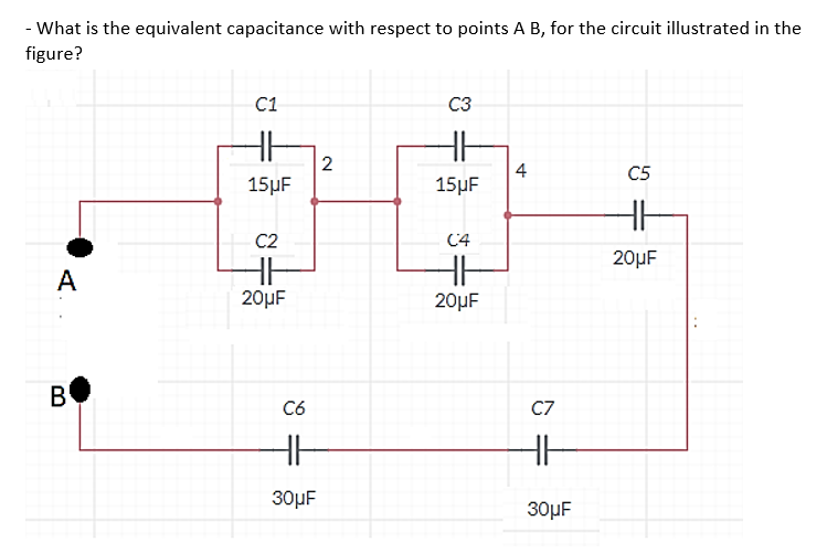 - What is the equivalent capacitance with respect to points \( A B \), for the circuit illustrated in the figure?