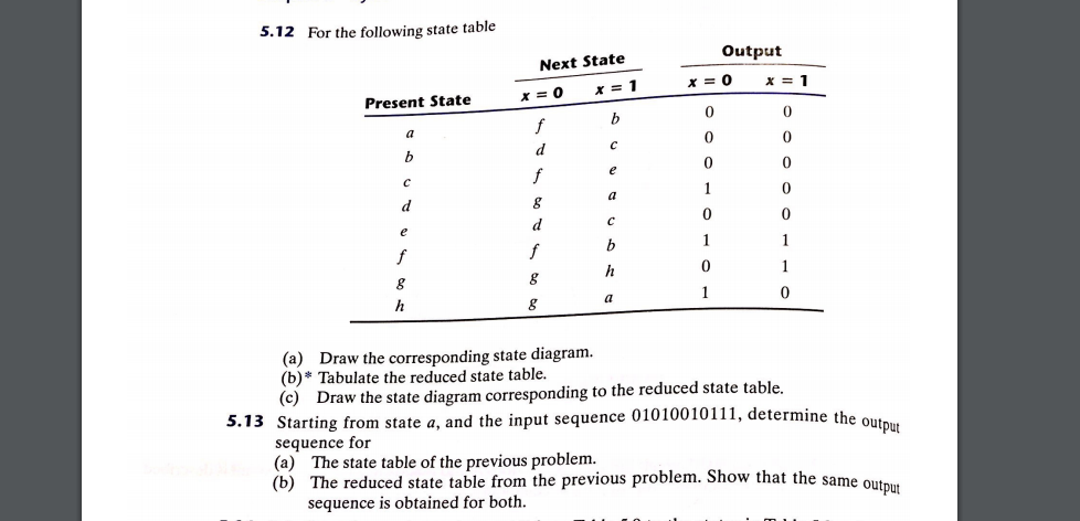 Solved 5.12 For the following state table x = 0 x = 1 | Chegg.com