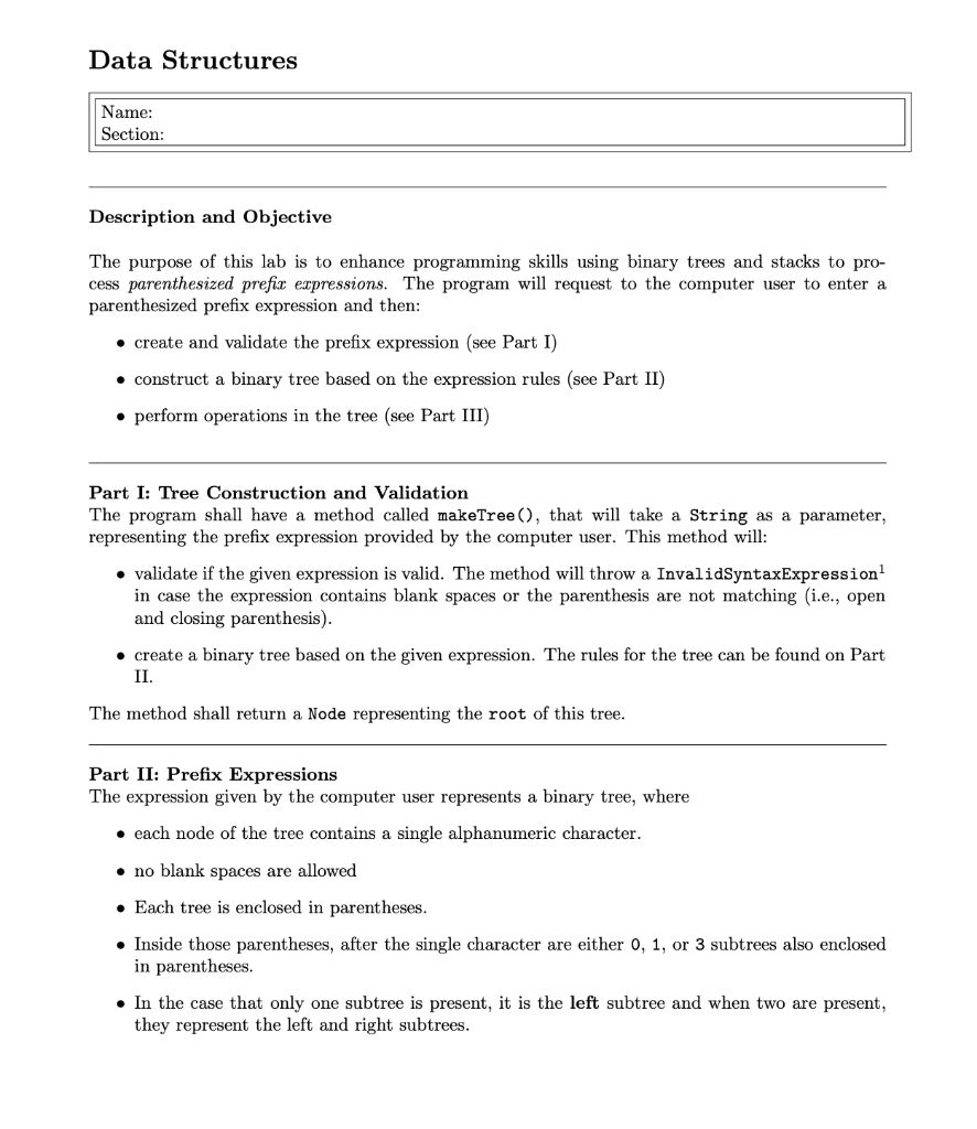 Solved Data Structures Name: Section: Description and | Chegg.com