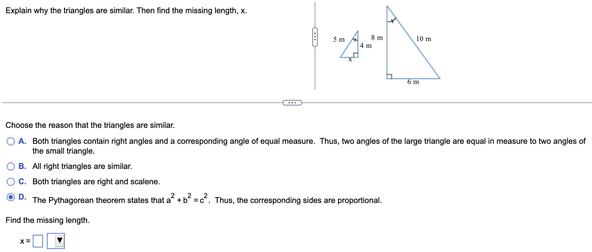 Solved Explain why the triangles are similar. Then find the | Chegg.com