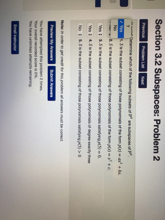 Solved Section 3.2 Subspaces: Problem 13 Previous Problem | Chegg.com