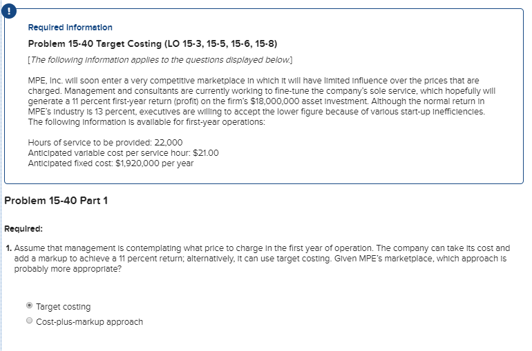 Solved Required Information Problem 15 40 Target Costing