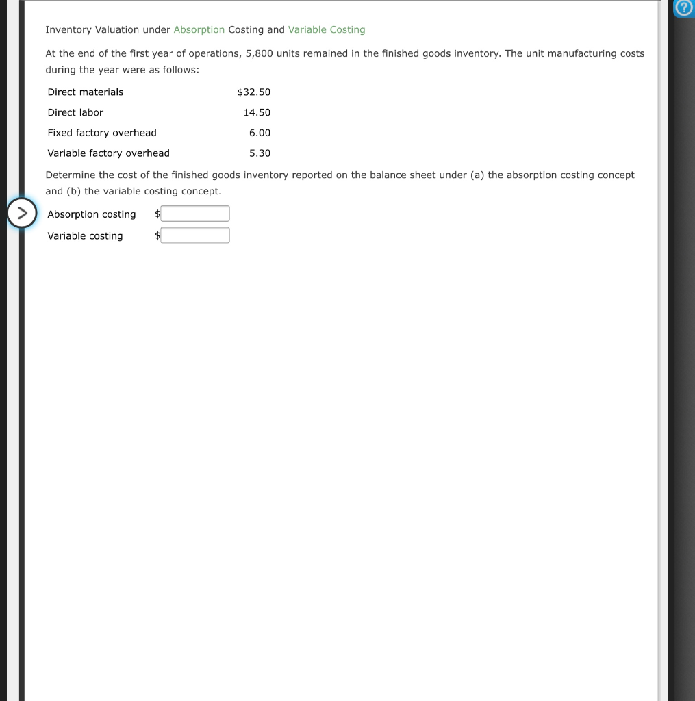 Solved Inventory Valuation Under Absorption Costing And | Chegg.com