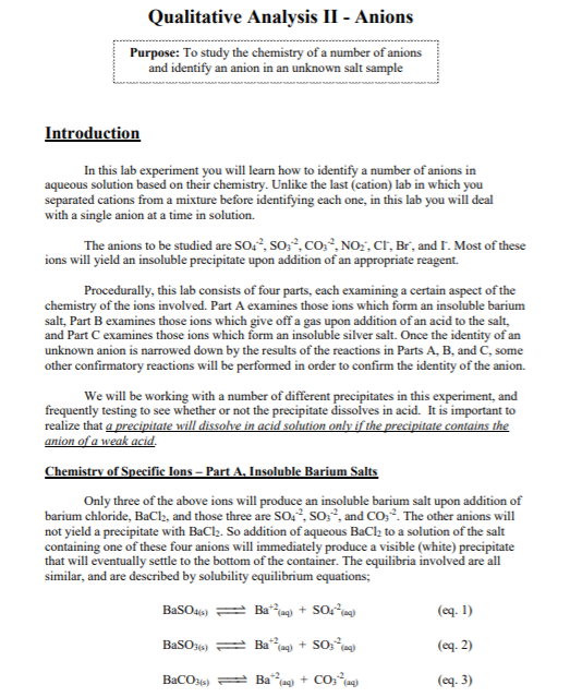 Qualitative Analysis II Anions Purpose To study