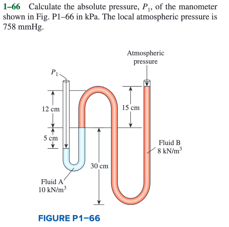 1-66 Calculate the absolute pressure, \( P_{1} \), of the manometer shown in Fig. P1-66 in \( \mathrm{kPa} \). The local atmo