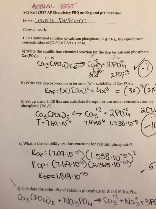 Solved ACTUAL TEST SCS Fall 2017 AP Chemistry FRQ on Ksp and | Chegg.com