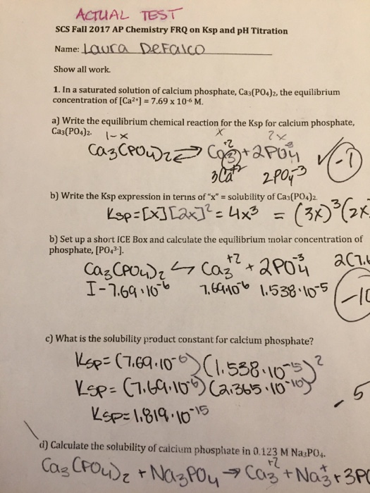 Solved ACTUAL TEST SCS Fall 2017 AP Chemistry FRQ On Ksp And | Chegg.com