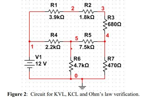 Figure 2 : Circuit for \( \mathrm{K} V \mathrm{~L}, \mathrm{KCL} \) and \( U \) hms law veritication.