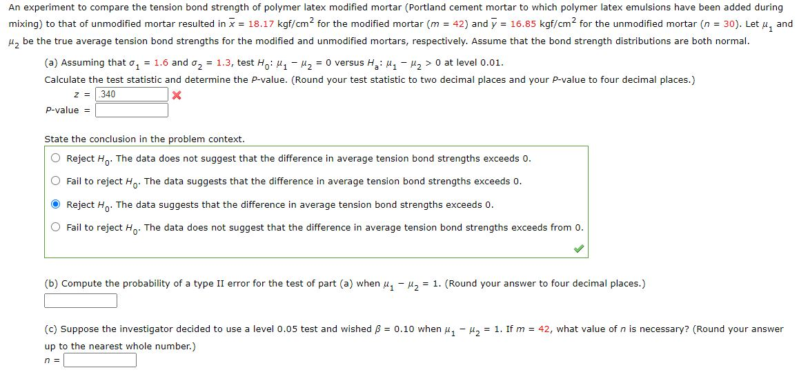 Solved An experiment to compare the tension bond strength of | Chegg.com