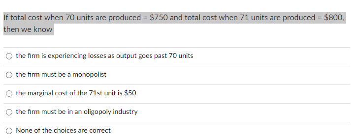 Manufacturing Math Unit 70 Solved If total cost when 70 units are produced = $750 and | Chegg.com