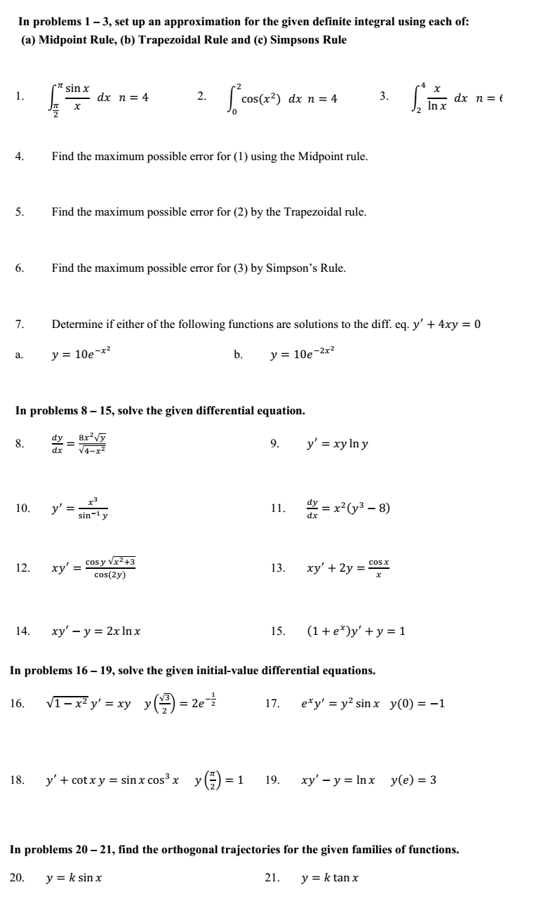 Solved In problems 1 – 3, set up an approximation for the | Chegg.com