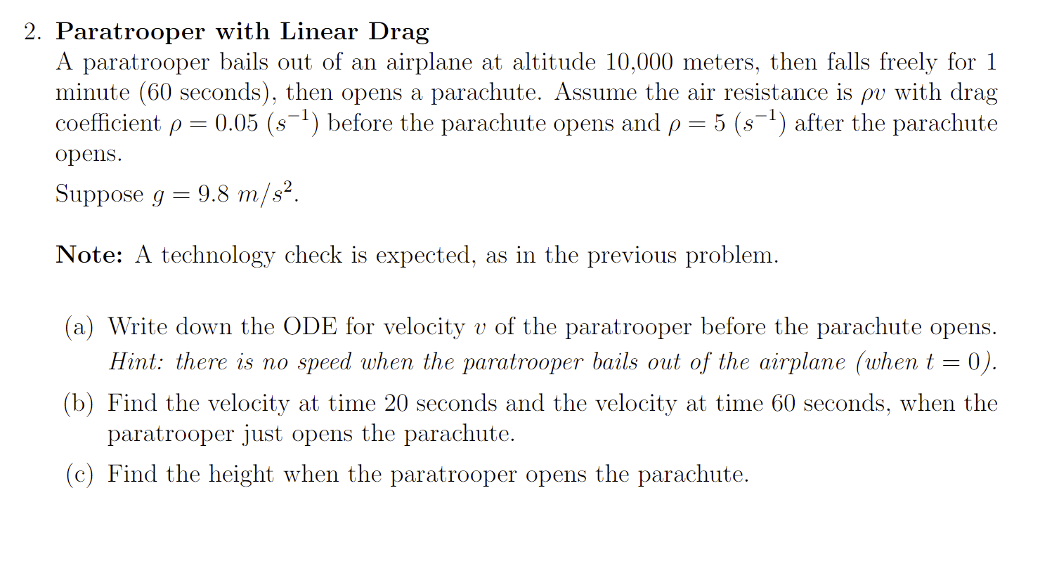 Solved Paratrooper with Linear Drag A paratrooper bails out | Chegg.com