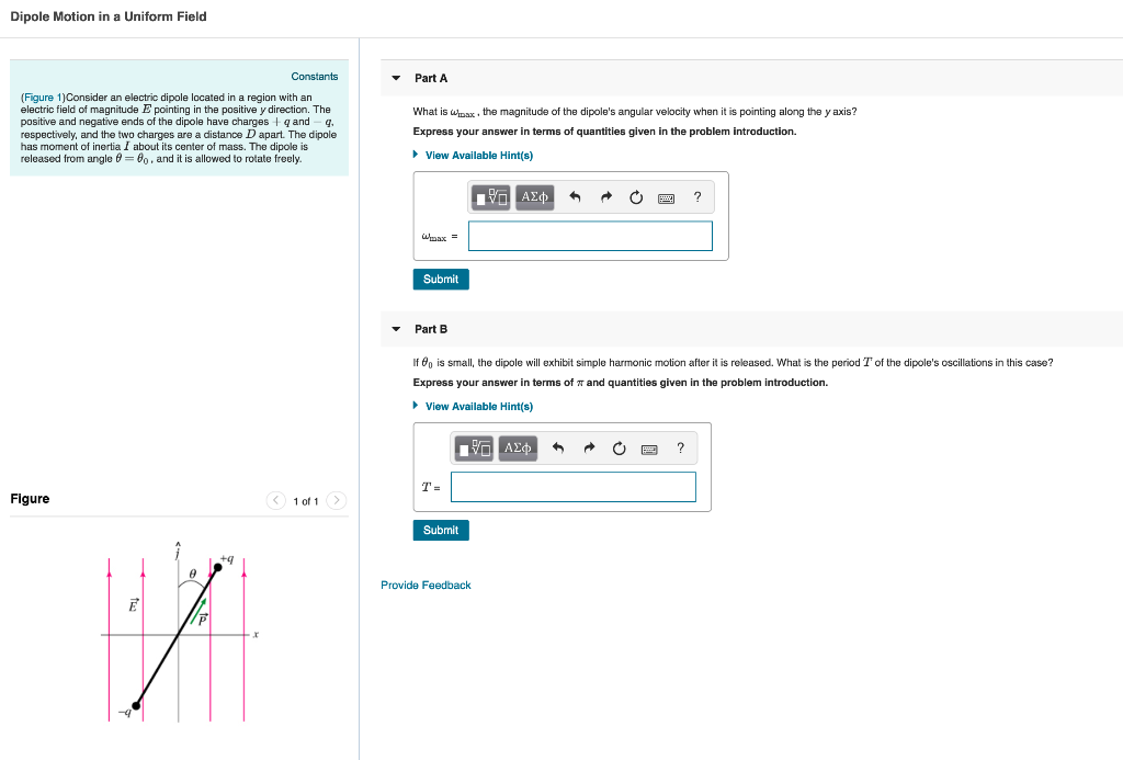 Solved Dipole Motion in a Uniform Field Part A (Figure | Chegg.com