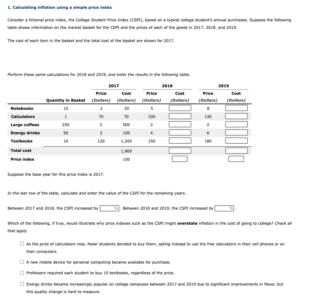 Solved 1 calculating inflation using a simple price index chegg