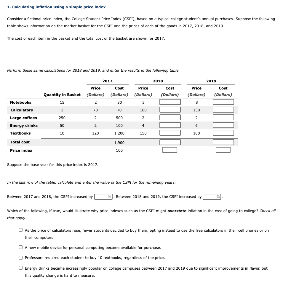 Solved 1. Calculating Inflation Using A Simple Price Index | Chegg.com