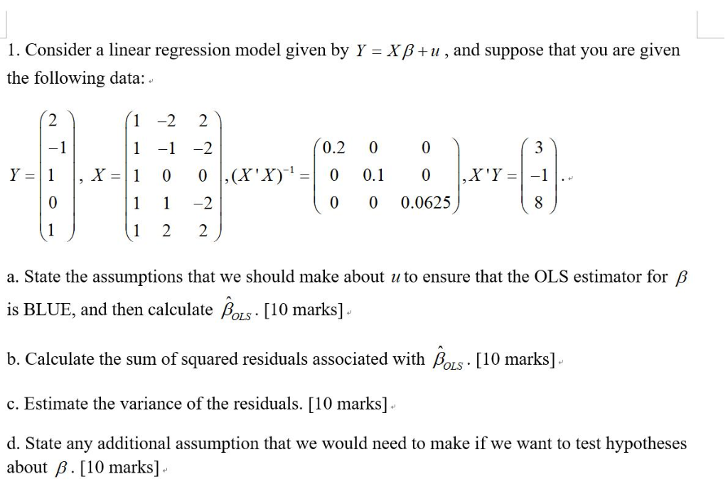 Solved 1. Consider a linear regression model given by Y = | Chegg.com