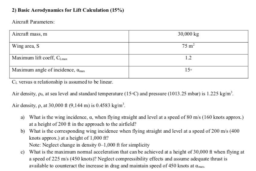 Solved 2) Basic Aerodynamics for Lift Calculation (15\)