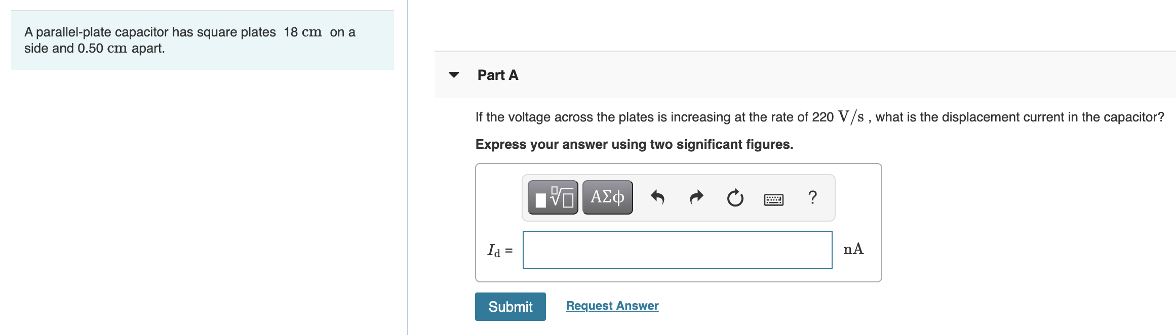 Solved A parallel-plate capacitor has square plates 18 cm on | Chegg.com