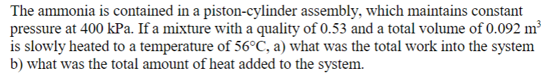 Solved The ammonia is contained in a piston-cylinder | Chegg.com