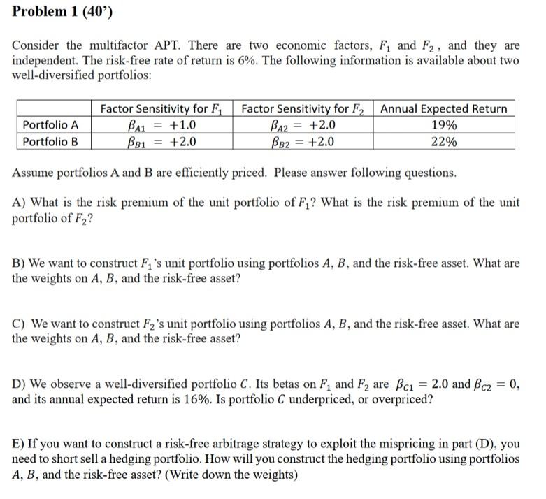 Solved Problem 1 (40) Consider The Multifactor APT. There | Chegg.com