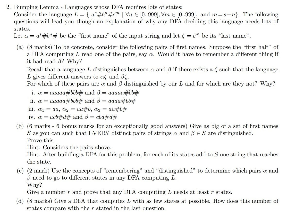 2 Bumping Lemma Languages Whose Dfa Requires Lo Chegg Com